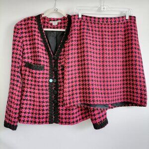 Geary Roark Womens Pink Houndstooth Print Silk Jacket Skirt Set Outfits Size 14